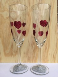 Red Glitter Hearts Toasting Flutes